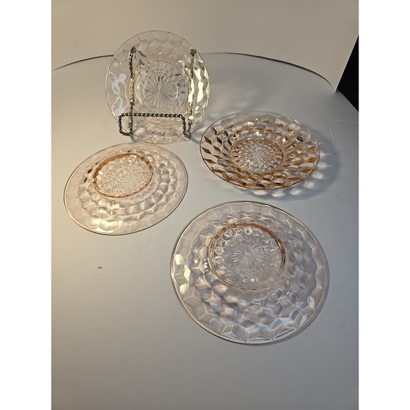 Pink Depression Glass Saucers By‎ Jennette In Cubist Pattern Set Of 4 - Picture 3 of 6